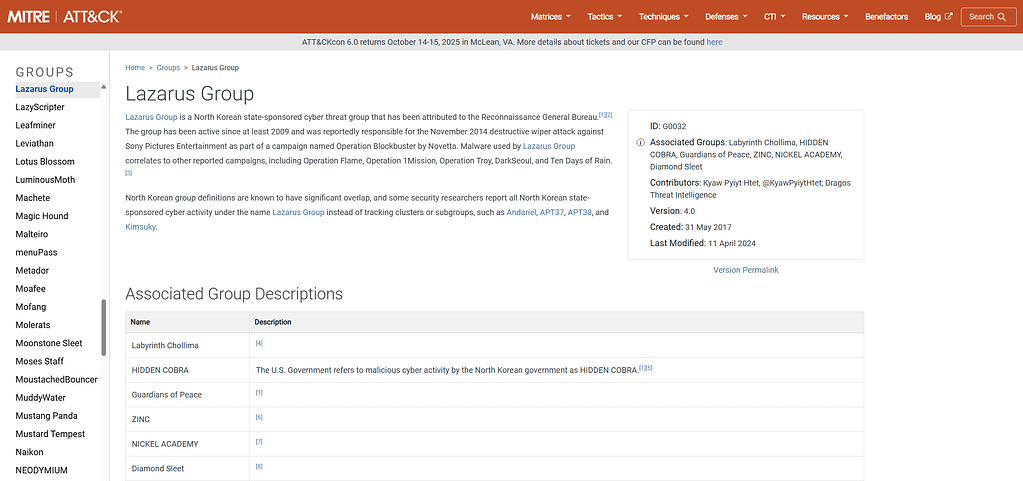 obraz przedstawiający opis grupy Lazarus na platformie MITRE ATT&CK